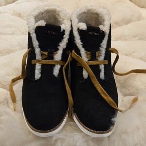 Cole Haan Black Suede Boots with White Shearling and Brown Laces